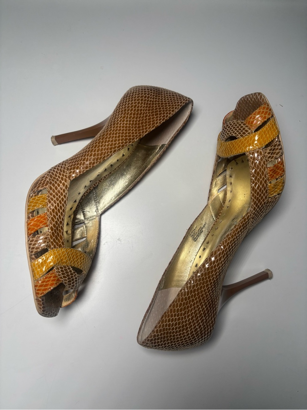 BCBG Paris Brown Snake-Print Peep-Toe Heels with Yellow and Orange Straps